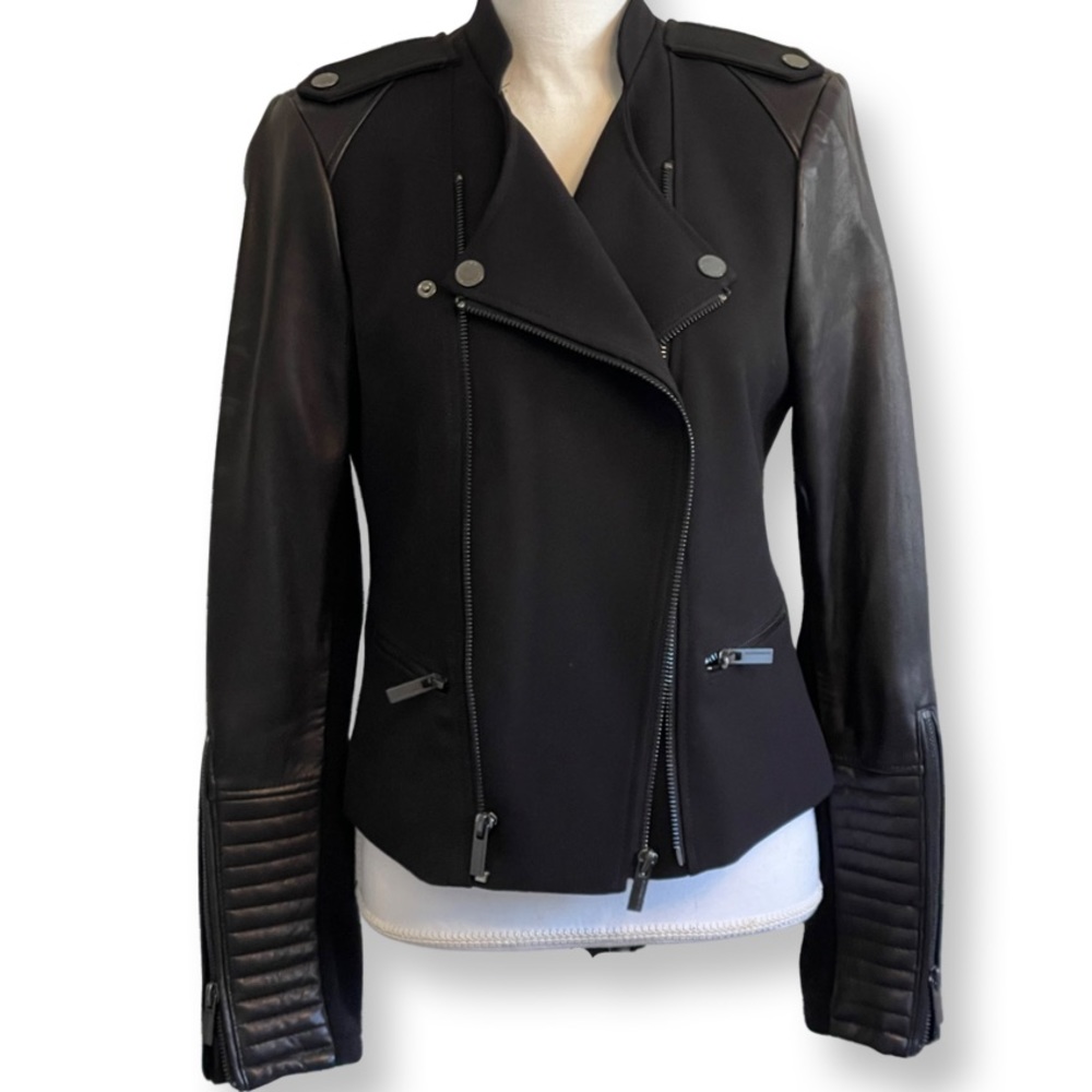 BCBG MAX AZRIA Ava Genuine Leather Sleeve Ponte Moto Jacket Top Size M